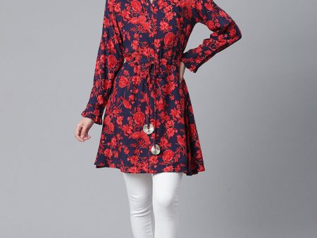 Ahalyaa Navy Blue & Red Mandarin Collar Printed Tunic Online Hot Sale