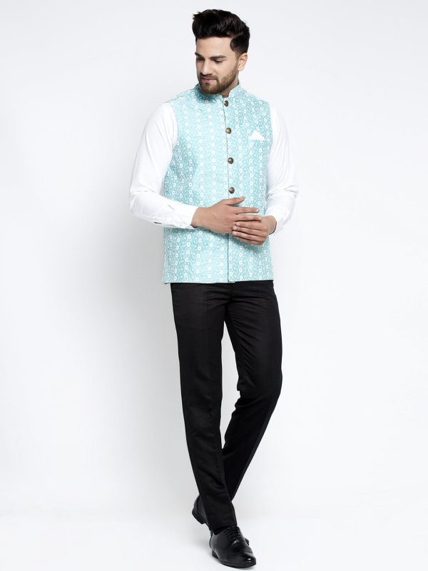 Jompers Men Beautiful Blue Embroidered Nehru Jacket Supply