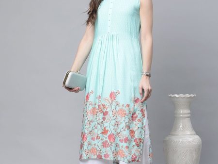 Ahalyaa Women s Sky Blue Rayon Printed Kurta Palazzo Set Online