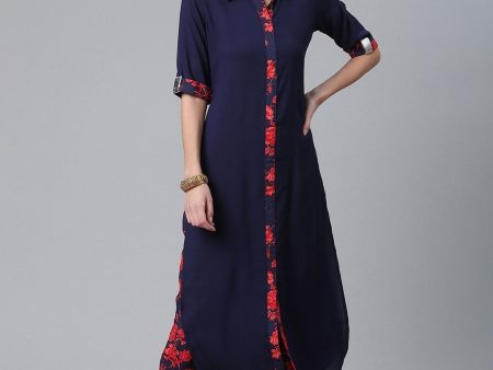 Ahalyaa Navy Blue Solid Rayon Kurta Pant Set Online now