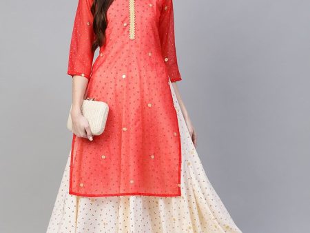 Ahalyaa Cream-Coloured & Red Bandhani Foil Printed Layered Beautiful Maxi Dress For Discount