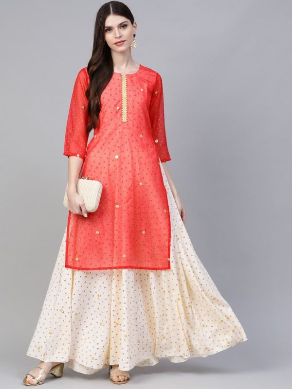 Ahalyaa Cream-Coloured & Red Bandhani Foil Printed Layered Beautiful Maxi Dress For Discount