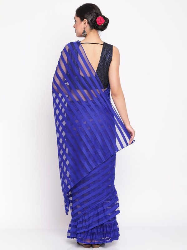 Ahalyaa Blue & Black Striped Net Ready to Wear Saree Set Online now