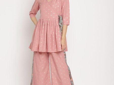 Ahalyaa Pink Ethnic Motifs Printed Angrakha Kurti With Palazzos For Women For Discount