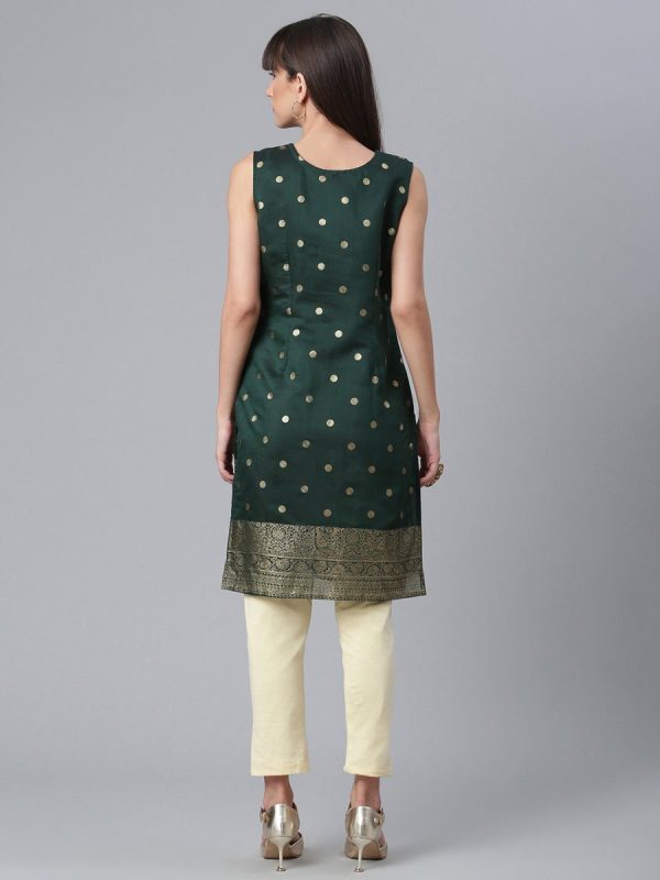 Ahalyaa Chanderi Dark Green Foil Gold Printed Kurti Discount