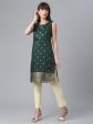 Ahalyaa Chanderi Dark Green Foil Gold Printed Kurti Discount