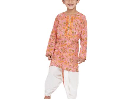 Little Bansi Boys Bengali Kantha work floral kurta & Dhoti - Pink & White Discount