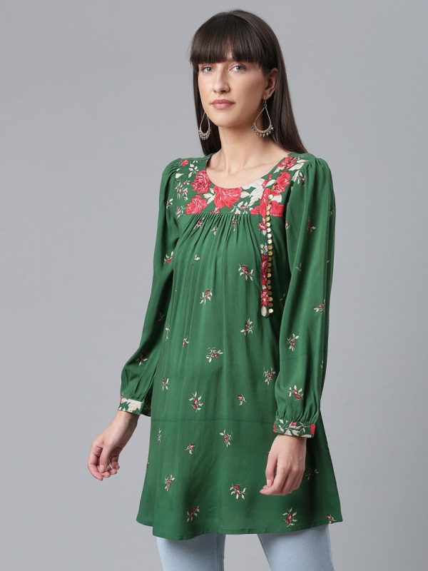 Ahalyaa Green & Pink Printed Tunic Online Hot Sale