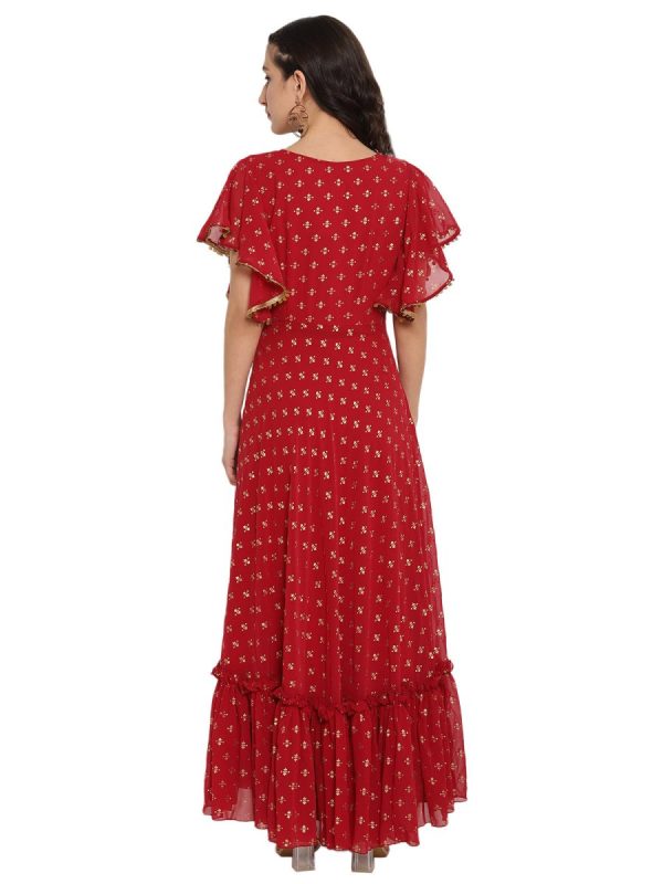 Ahalyaa Maroon & Golden Printed Fit and Flare Maxi Dress Online now