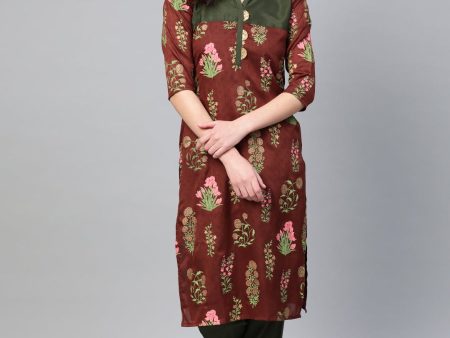 Ahalyaa Brown & Olive Green Printed Kurta with Palazzo Hot on Sale