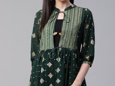 Ahalyaa Green & Golden Printed Semi-Sheer Front-Open Kediya Tunic For Discount