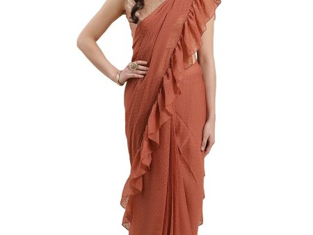 Ahalyaa Rust Brown Woven Design Ruffled Ready to Wear Saree Set For Cheap