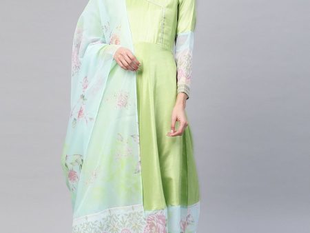 Ahalyaa Women Beautiful Lime Green & Blue Solid Angrakha Kurta With Screen Printed Dupatta Online now