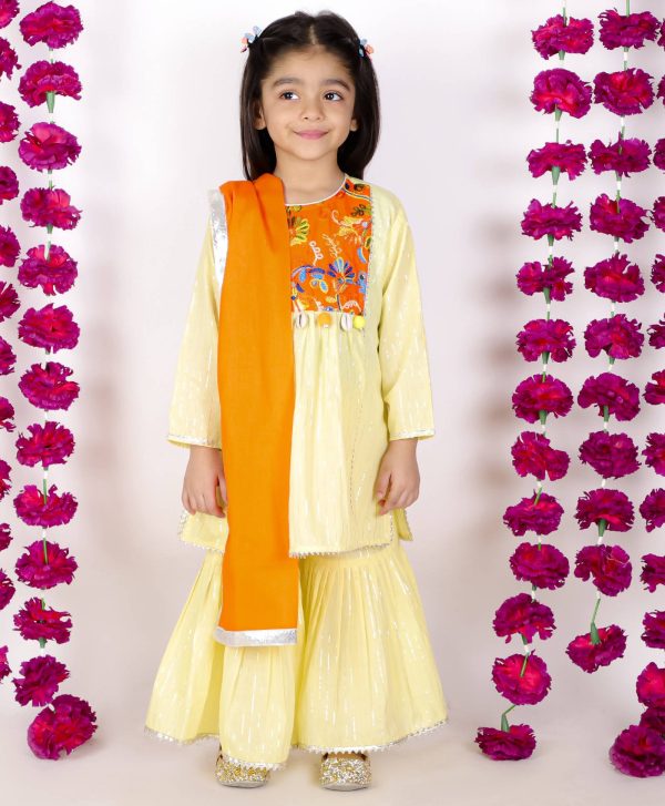 Little Bansi Girls Yellow & Orange Color Mirror work Kurta frock with Sharara & Dupatta Supply