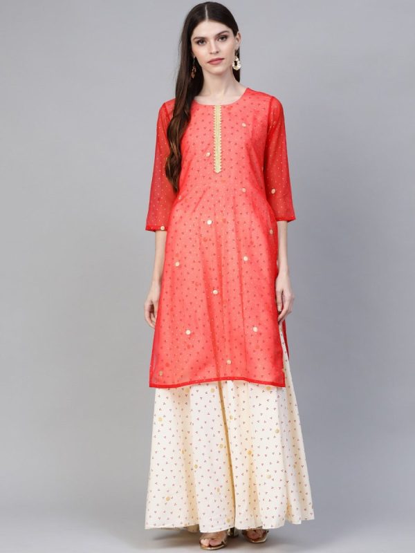 Ahalyaa Cream-Coloured & Red Bandhani Foil Printed Layered Beautiful Maxi Dress For Discount