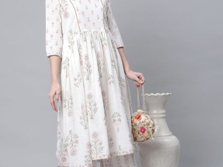 Ahalyaa Women s Off White Pure Cotton Printed Kurta Palazzo Set on Sale