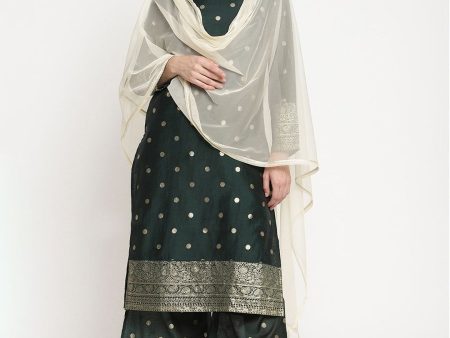 Ahalyaa Dark Green Gold Print Kurta Palazzo Set With Dupatta Cheap