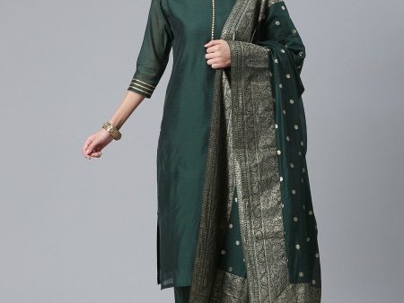 Ahalyaa Dark Green Chanderi Solid Kurta With Palazzo And Dupatta Set Cheap