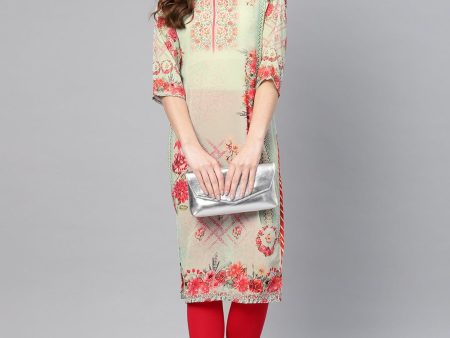 Ahalyaa Green & Coral Pink Floral Print Straight Kurta Hot on Sale