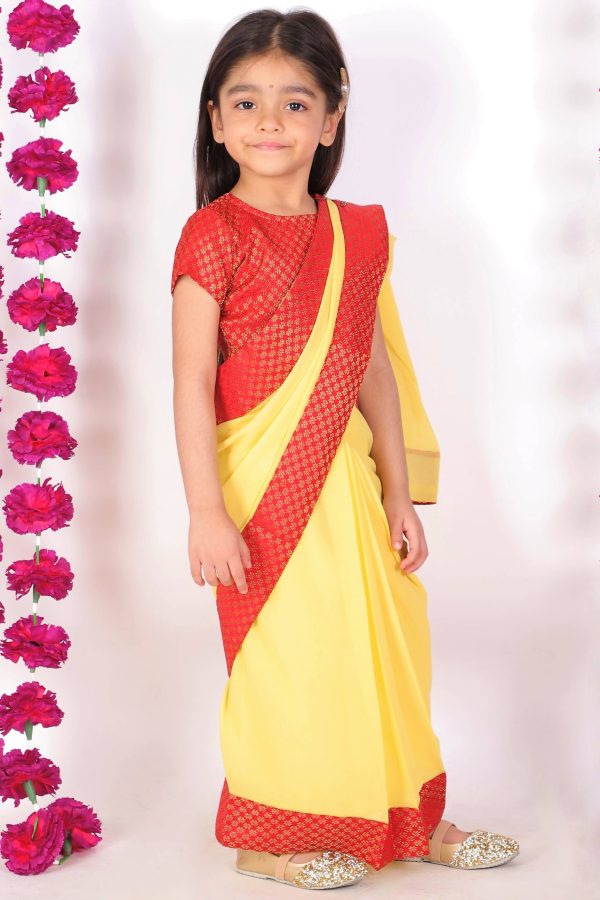 Little Bansi Girls Red and Yellow Color Saree with Floral Brocade Blouse Sale