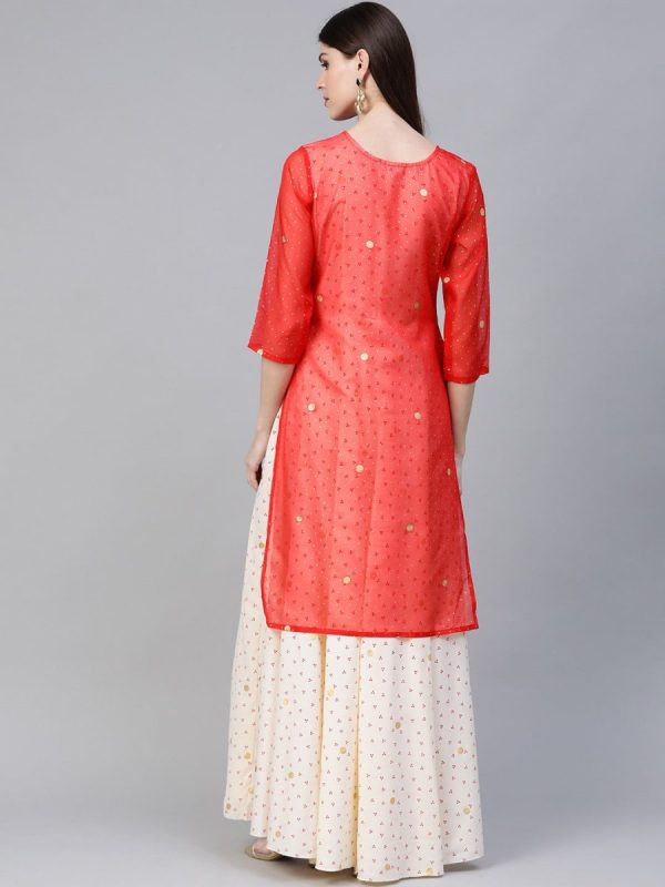 Ahalyaa Cream-Coloured & Red Bandhani Foil Printed Layered Beautiful Maxi Dress For Discount