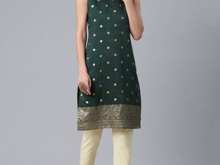 Ahalyaa Chanderi Dark Green Foil Gold Printed Kurti Discount