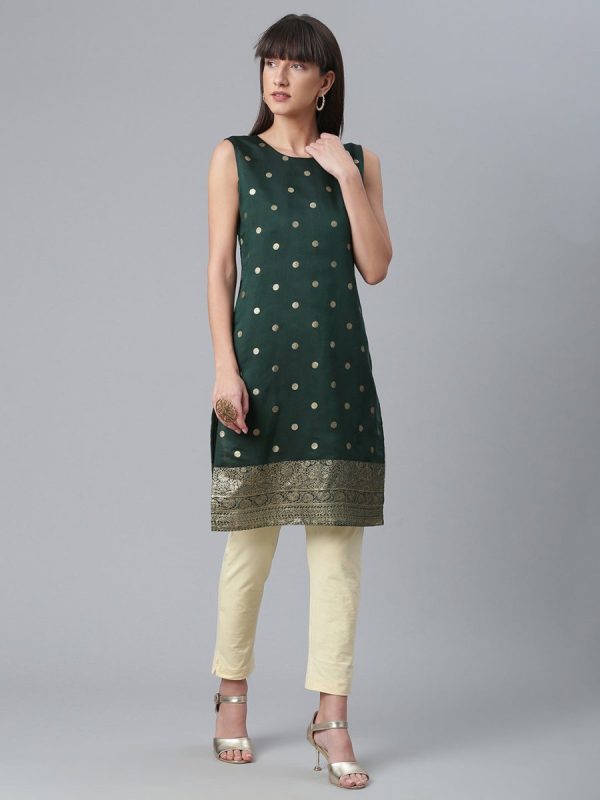 Ahalyaa Chanderi Dark Green Foil Gold Printed Kurti Discount