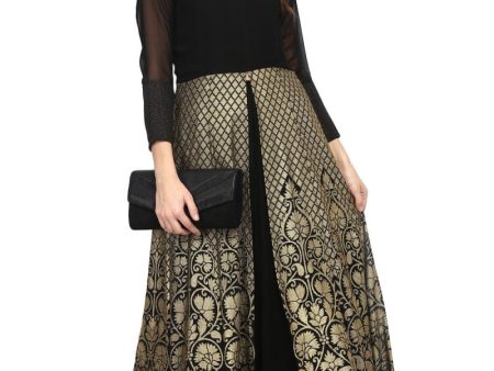 Ahalyaa Black & Golden Foil Print A-Line Kurta For Women Hot on Sale