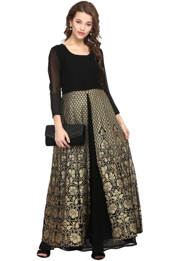 Ahalyaa Black & Golden Foil Print A-Line Kurta For Women Hot on Sale