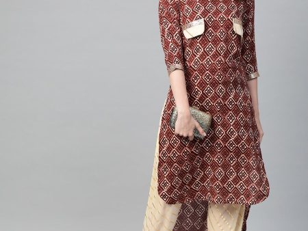 Ahalyaa Maroon & Cream-Coloured Printed Straight Kurta with Salwar For Discount