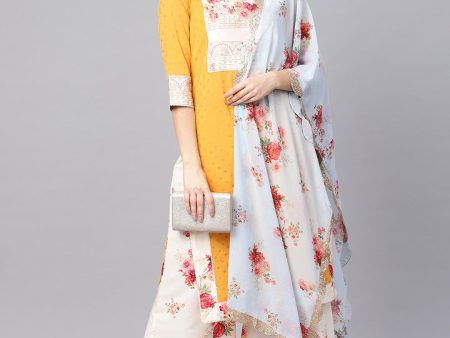 Ahalyaa Mustard Yellow & Cream-Coloured Printed Kurta with Palazzos & Dupatta For Sale