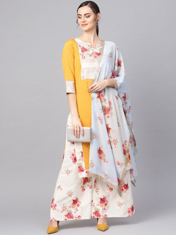 Ahalyaa Mustard Yellow & Cream-Coloured Printed Kurta with Palazzos & Dupatta For Sale