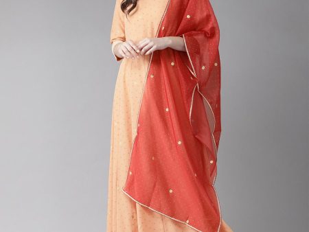 Ahalyaa Peach-Coloured & Rust Orange Printed Maxi Dress With Dupatta For Discount