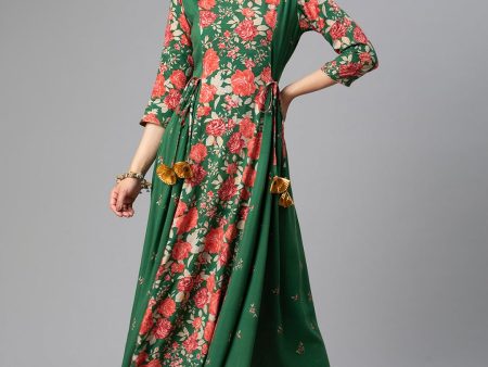 Ahalyaa Viscose Rayon Green Floral Printed Kurta on Sale