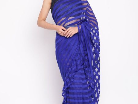 Ahalyaa Blue & Black Striped Net Ready to Wear Saree Set Online now