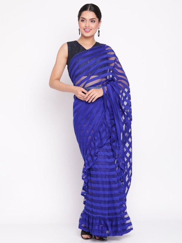 Ahalyaa Blue & Black Striped Net Ready to Wear Saree Set Online now