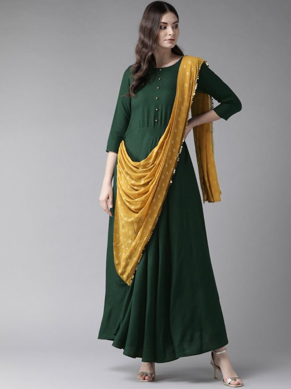 Ahalyaa Green & Mustard Yellow Solid Maxi Dress With Attached Dupatta Hot on Sale