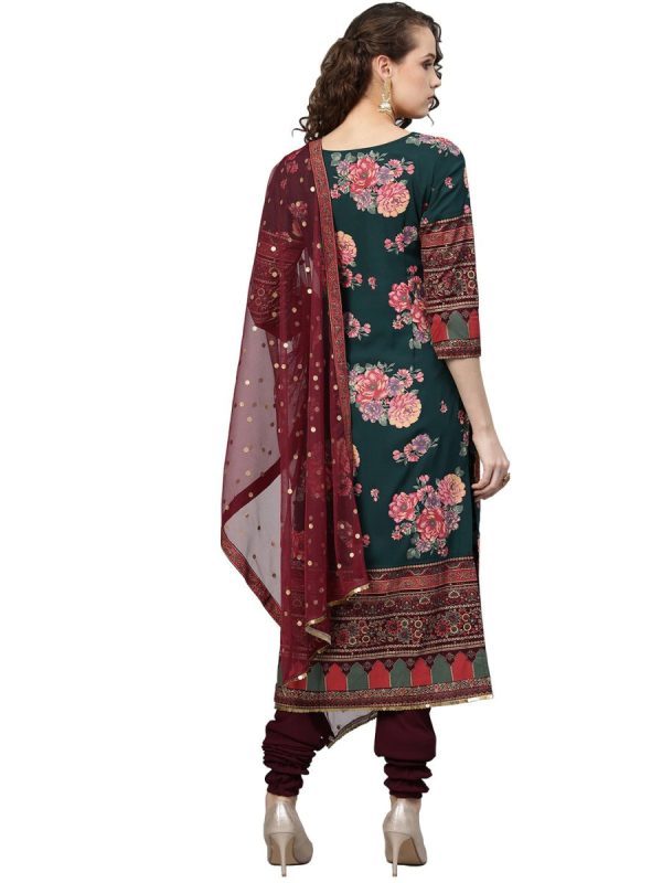 Ahalyaa Green & Burgundy Printed Kurta with Churidar & Dupatta Cheap