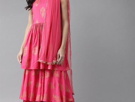 Ahalyaa Pink & Golden Foil Print Kurti with Sharara & Dupatta Fashion