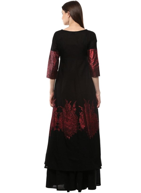 Ahalyaa Black & Red Cotton Blend Floor Length Anarkali Kurta Dress Supply