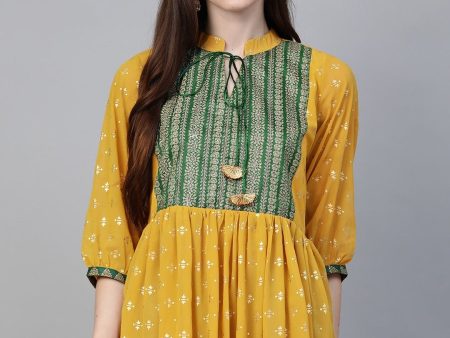 Ahalyaa Mustard Yellow & Green Printed A-Line Tunic Supply