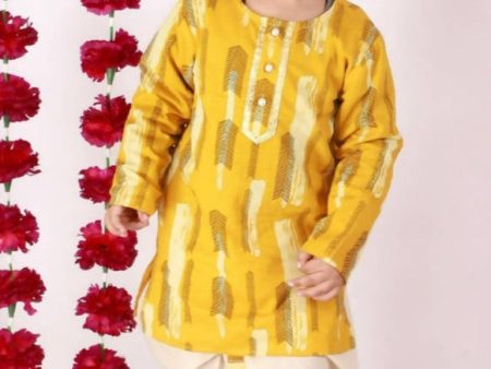 Little Bansi Boys Yellow and Cream Color Feather print Kurta and Dhoti For Cheap