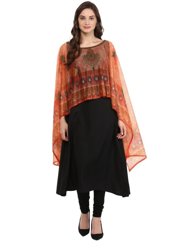 Ahalyaa Black Crepe Printed Kurta With Attached Dupatta For Women For Cheap