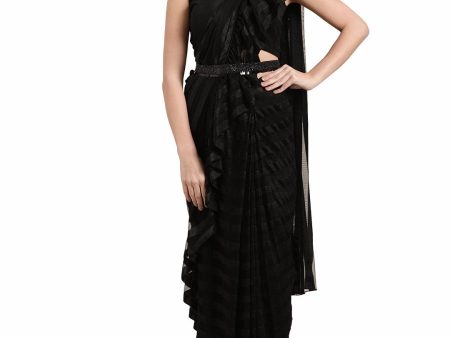 Ahalyaa Black Self-Striped Ruffled Ready to Wear Saree Set For Sale