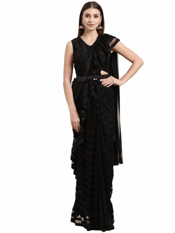 Ahalyaa Black Self-Striped Ruffled Ready to Wear Saree Set For Sale