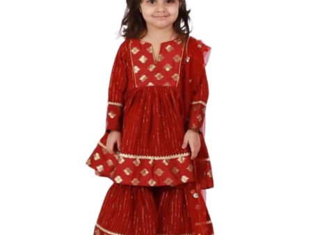 Little Bansi Girls Maroon Color Brocade patch work Kurta Frock with Sharara and Dupatta Hot on Sale