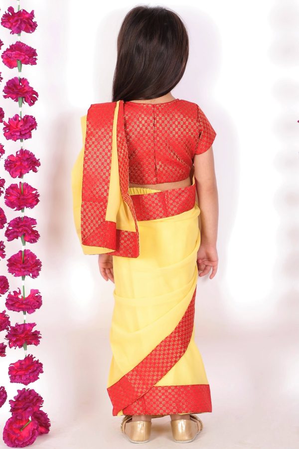 Little Bansi Girls Red and Yellow Color Saree with Floral Brocade Blouse Sale