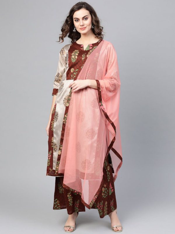 Ahalyaa Grey & Coffee Brown Printed Kurta with Palazzo & Dupatta Supply