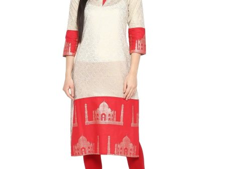 Ahalyaa Off White & Red Metallic Printed Straight Cotton Blend Beautiful Kurta For Cheap