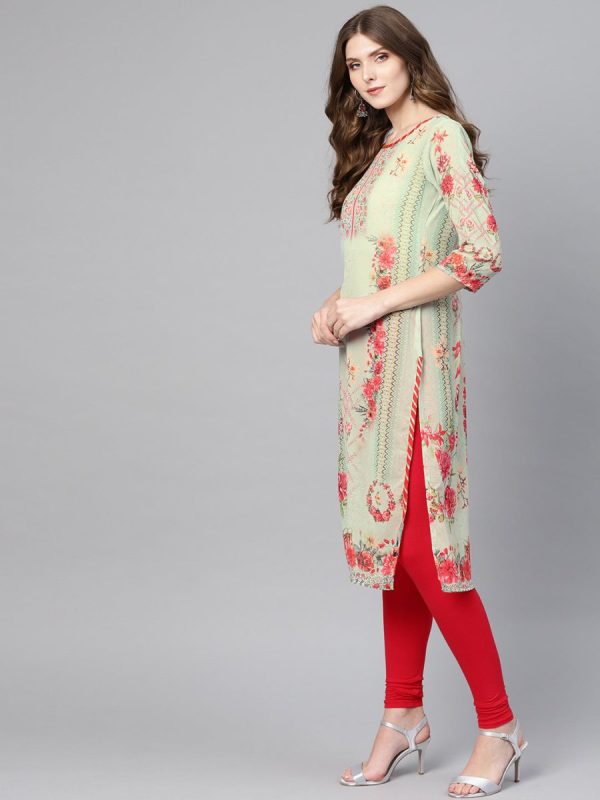 Ahalyaa Green & Coral Pink Floral Print Straight Kurta Hot on Sale